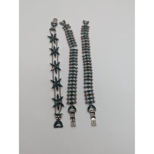 Vintage Southwest Style Turquoise Petit Point Silver Tone Link Bracelet Set 3pc